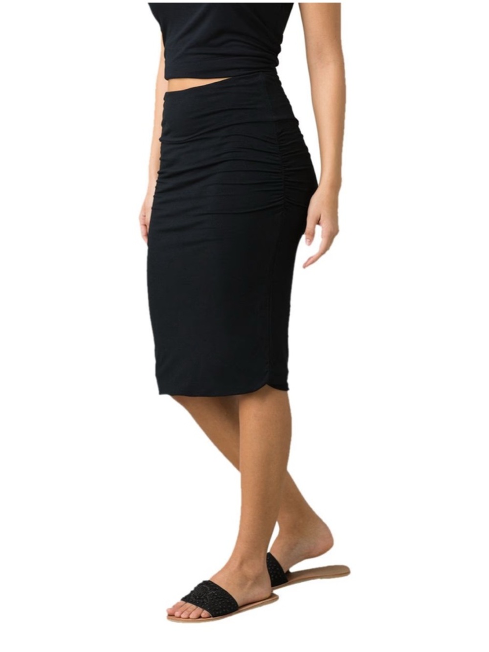 Prana Foundation Skirt-Black Ruched Midi‎ Pencil Skirt